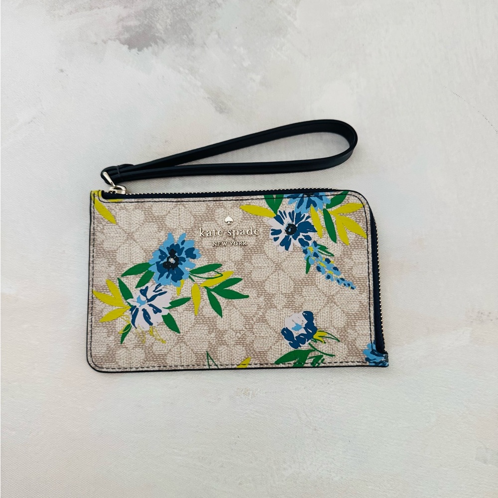 Kate Spade Cream and Blue Floral Wristlet, Wallet, Purse, Bag